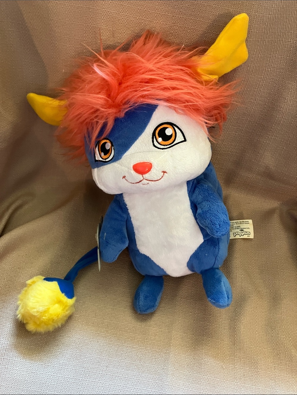 Plush Small Pet Toy — Blue, White & Yellow with Orange Fuzzy Mane Izzy Popples